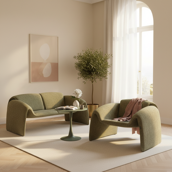 Sala con sofá tapizado y sillón Melbournee en bouclé