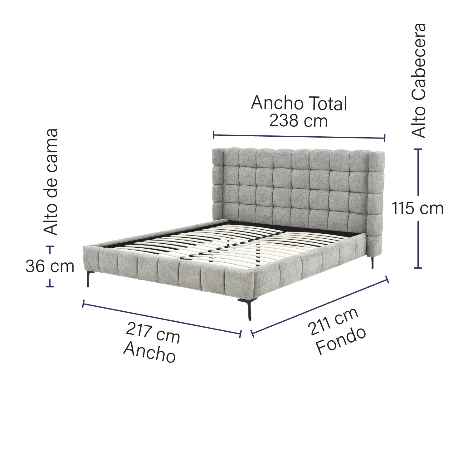 CAMA TOLEDO KING SIZE, VISTA EN PERSPECTIVA, FONDO BLANCO Y MEDIDAS