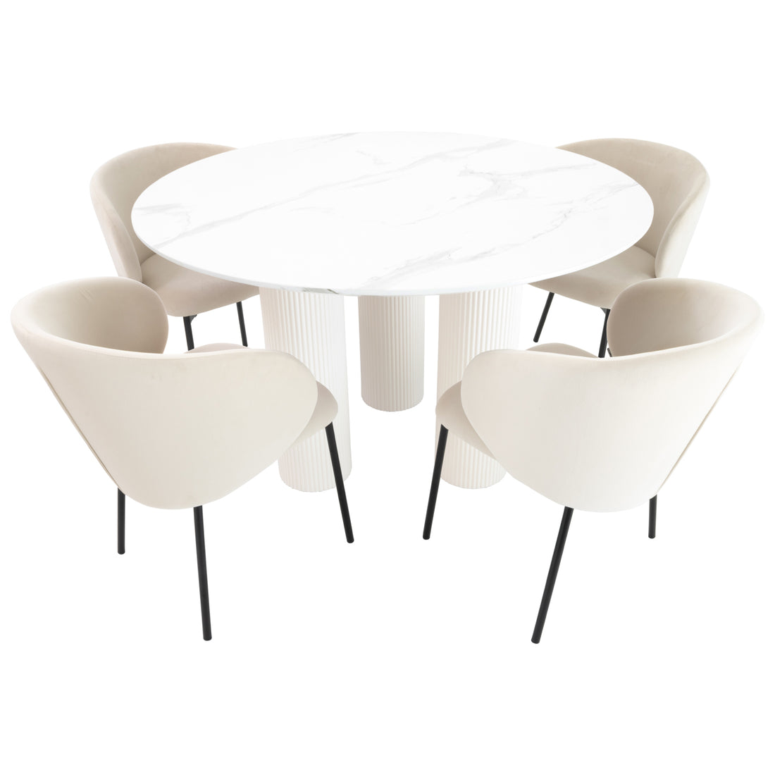 Mesa de Comedor Kos Blanca en comedor con Silla Guijon Crema, foto ambientada