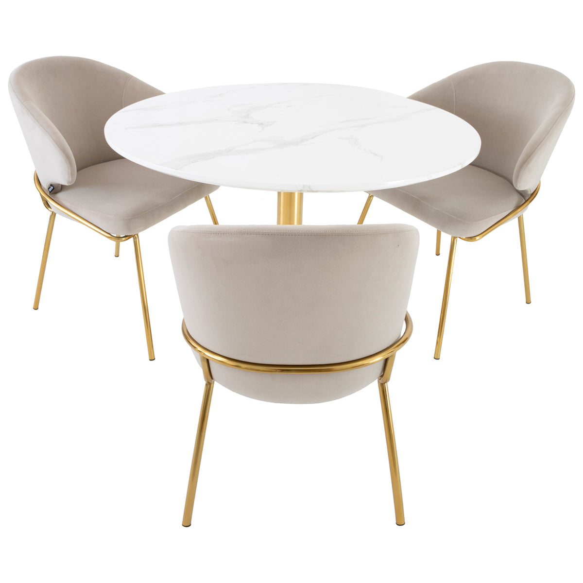 Comedor zadar con tres sillas palma color taupé sobre fondo blanco