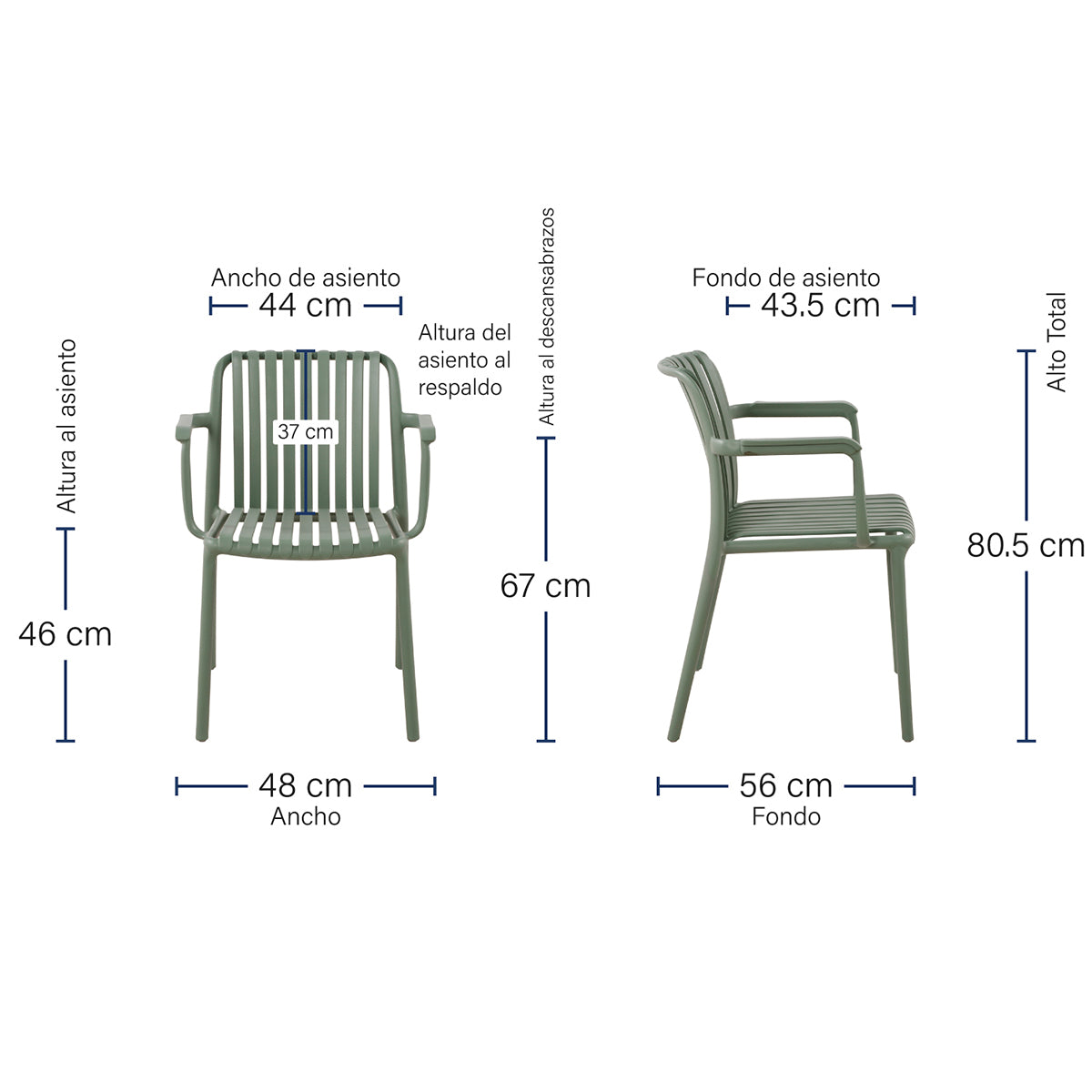 Silla de exterior Menorca verde medidas