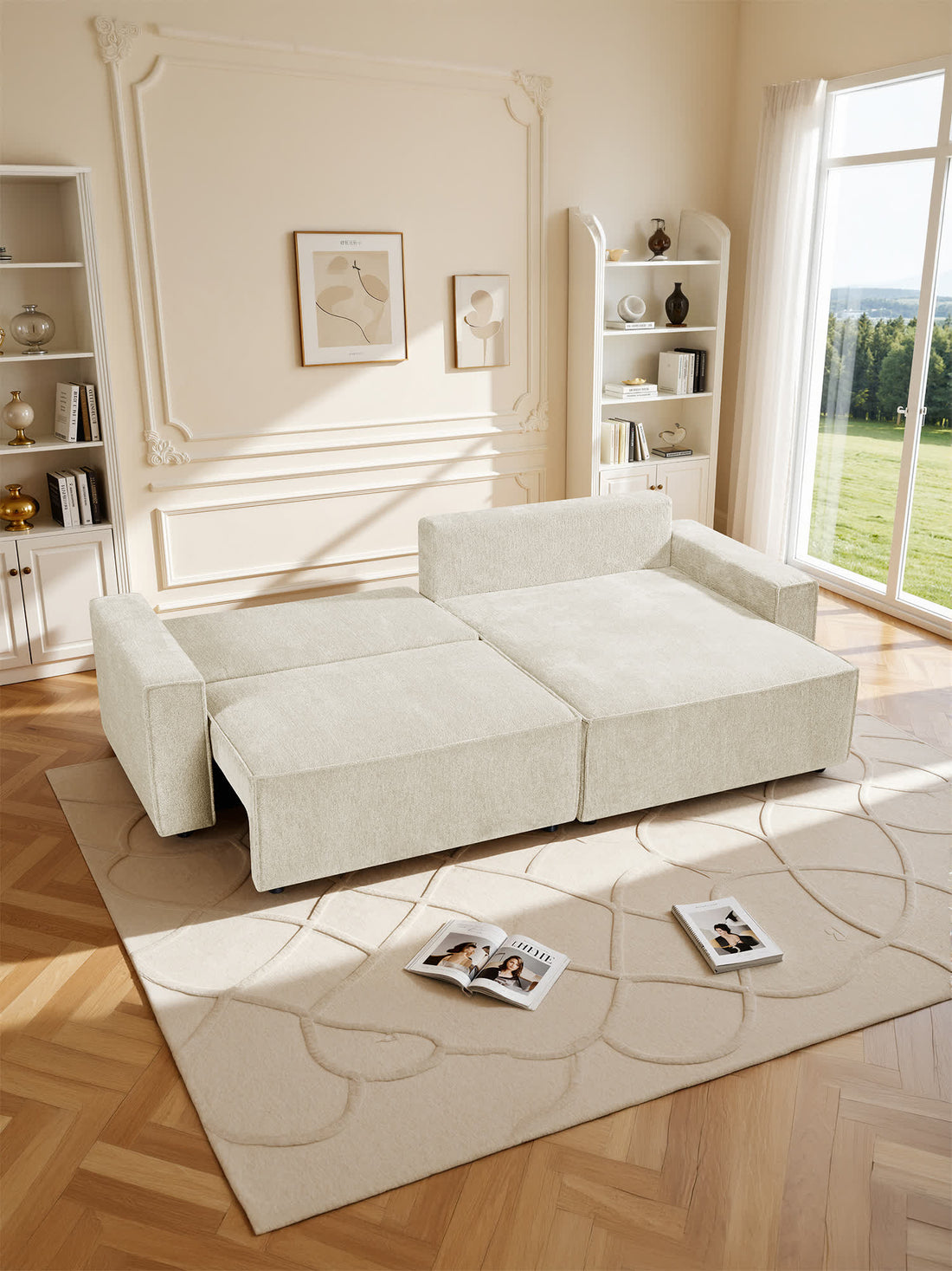 Sofá Cama Córdoba beige lado derecho, en un espacio decorado