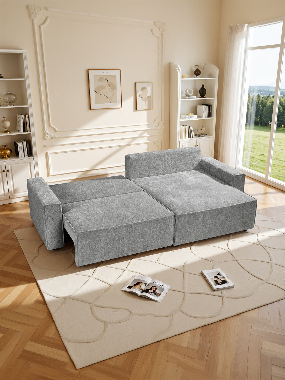 Sofá Cama Córdoba gris lado derecho, en un espacio decorado