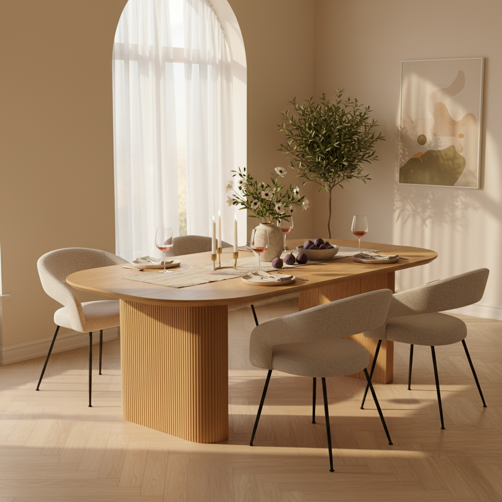 Mesa de Comedor Chipre Natural en cena con Silla Matera, foto ambientada