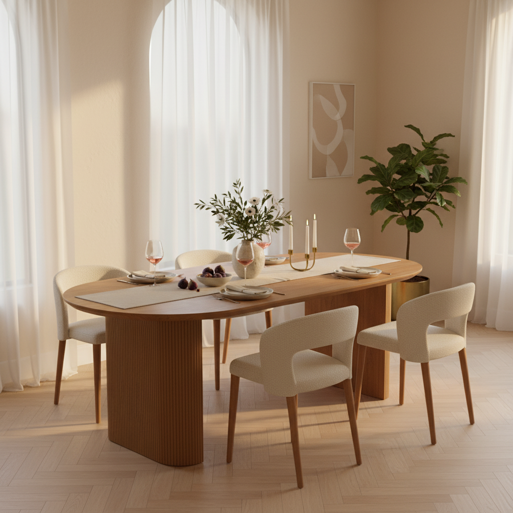 Mesa de Comedor Chipre Nogal en cena con Silla Pavia, foto ambientada