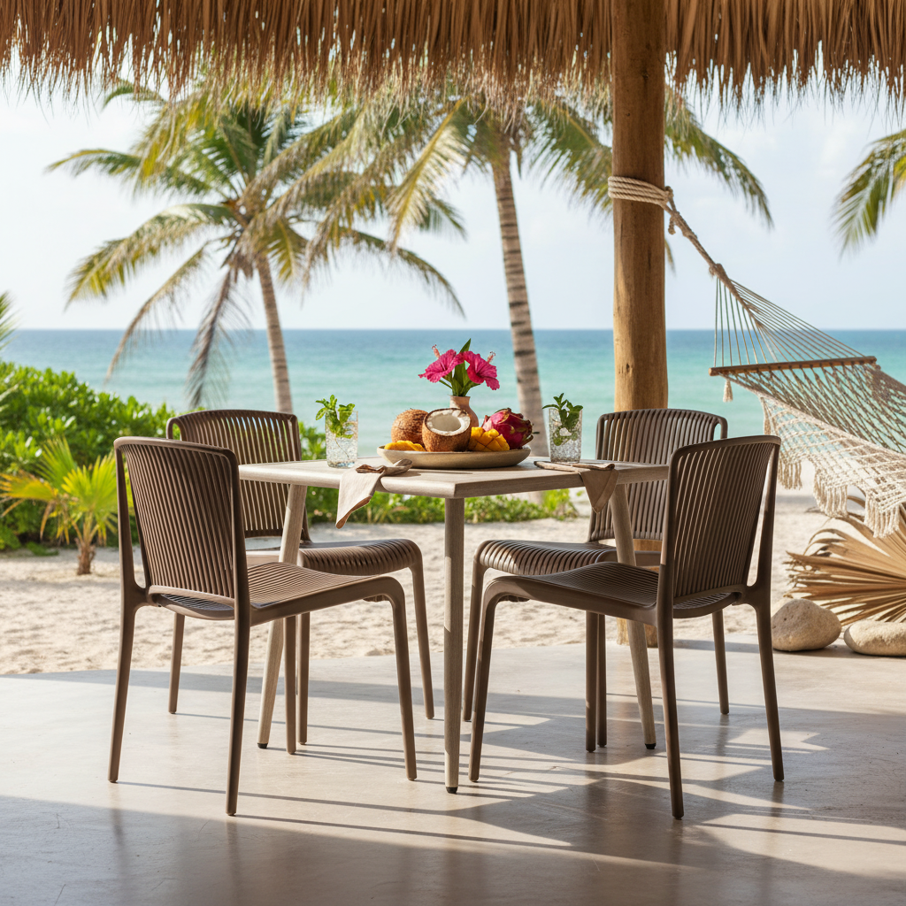 Silla de Exterior Creta en playa estilo Tulum, foto ambientada