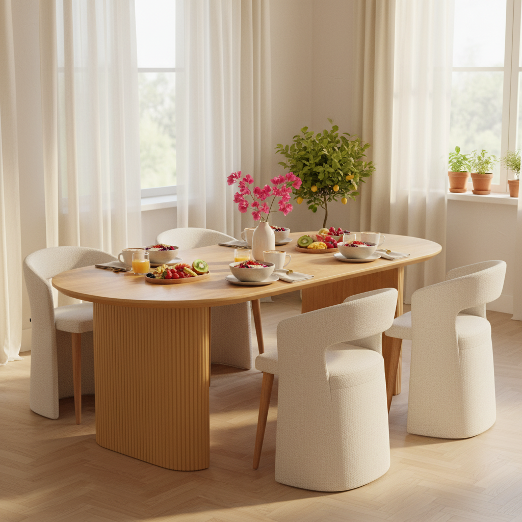 Mesa de Comedor Chipre Natural en brunch con Silla Pavia, foto ambientada
