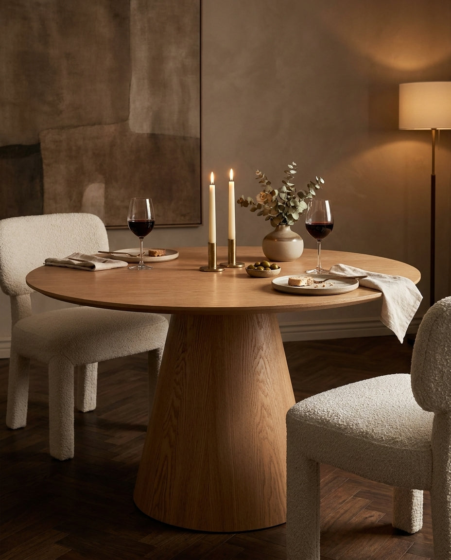 Mesa de Comedor Laredo Natural en cena con velas, foto ambientada