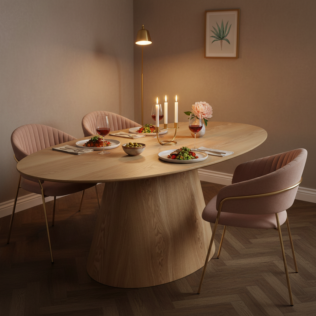 Mesa de Comedor Tokio Natural en escena íntima con Silla Bilbao, foto ambientada