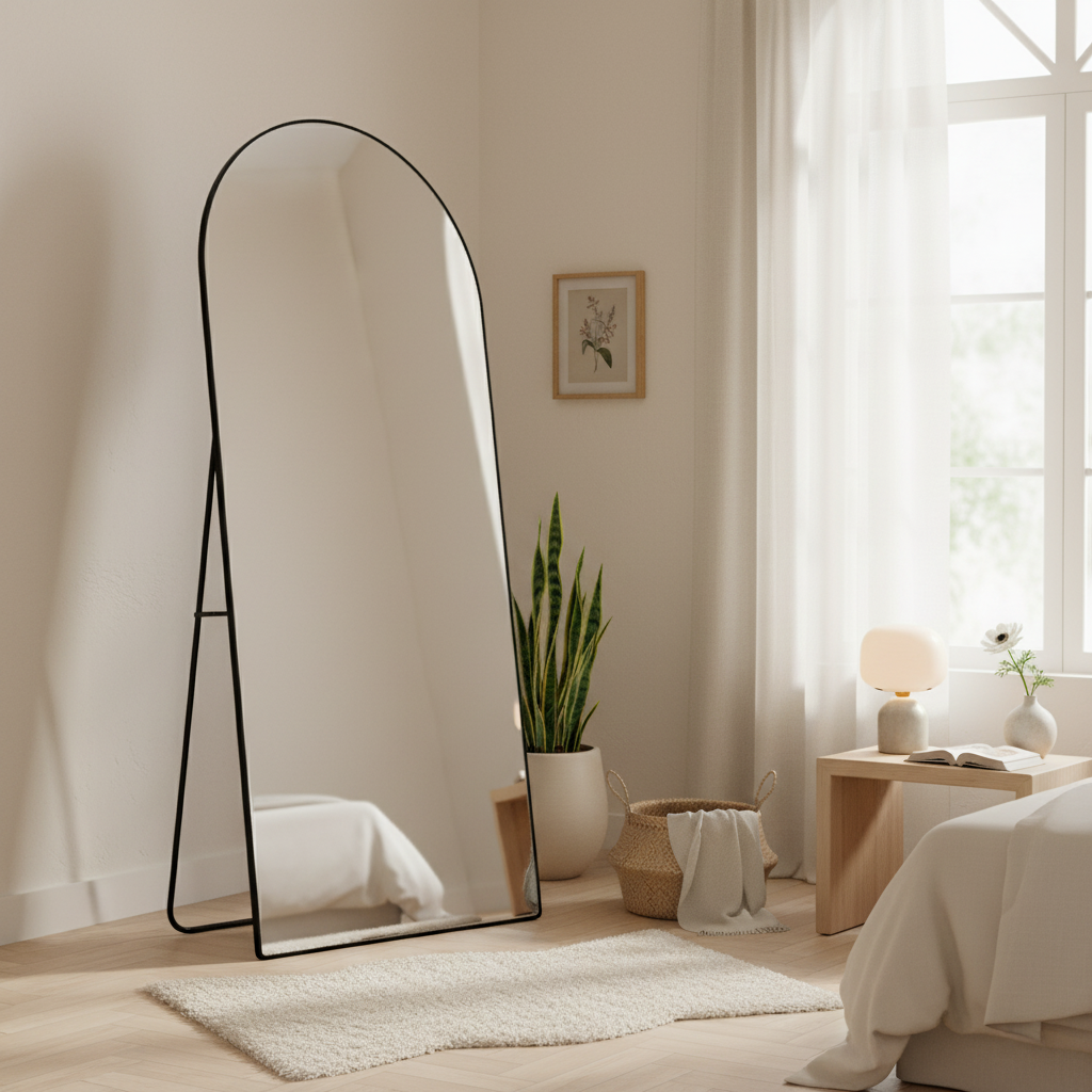 Espejo Seúl 180cm Black en recámara, foto ambientada