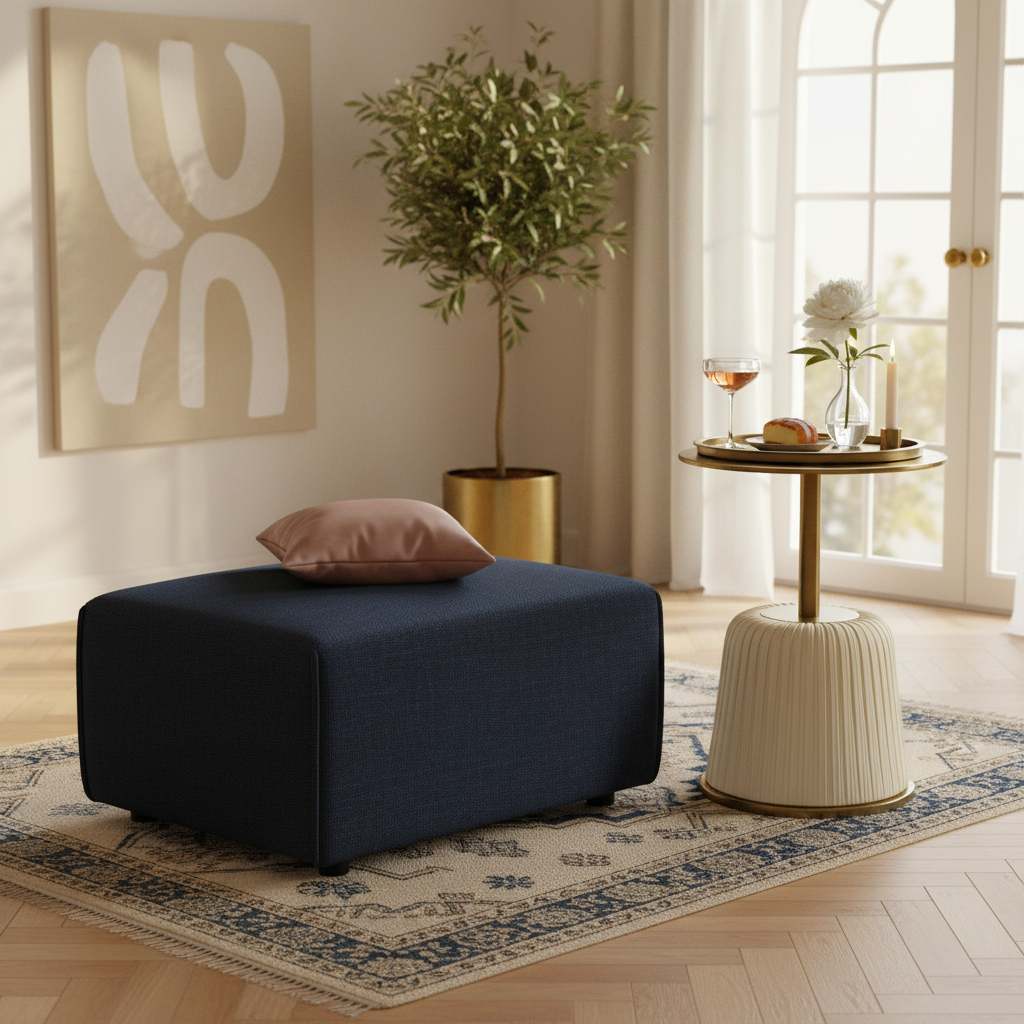 Taburete Montenegro Azul como asiento extra junto a Mesa Marcella, foto ambientada