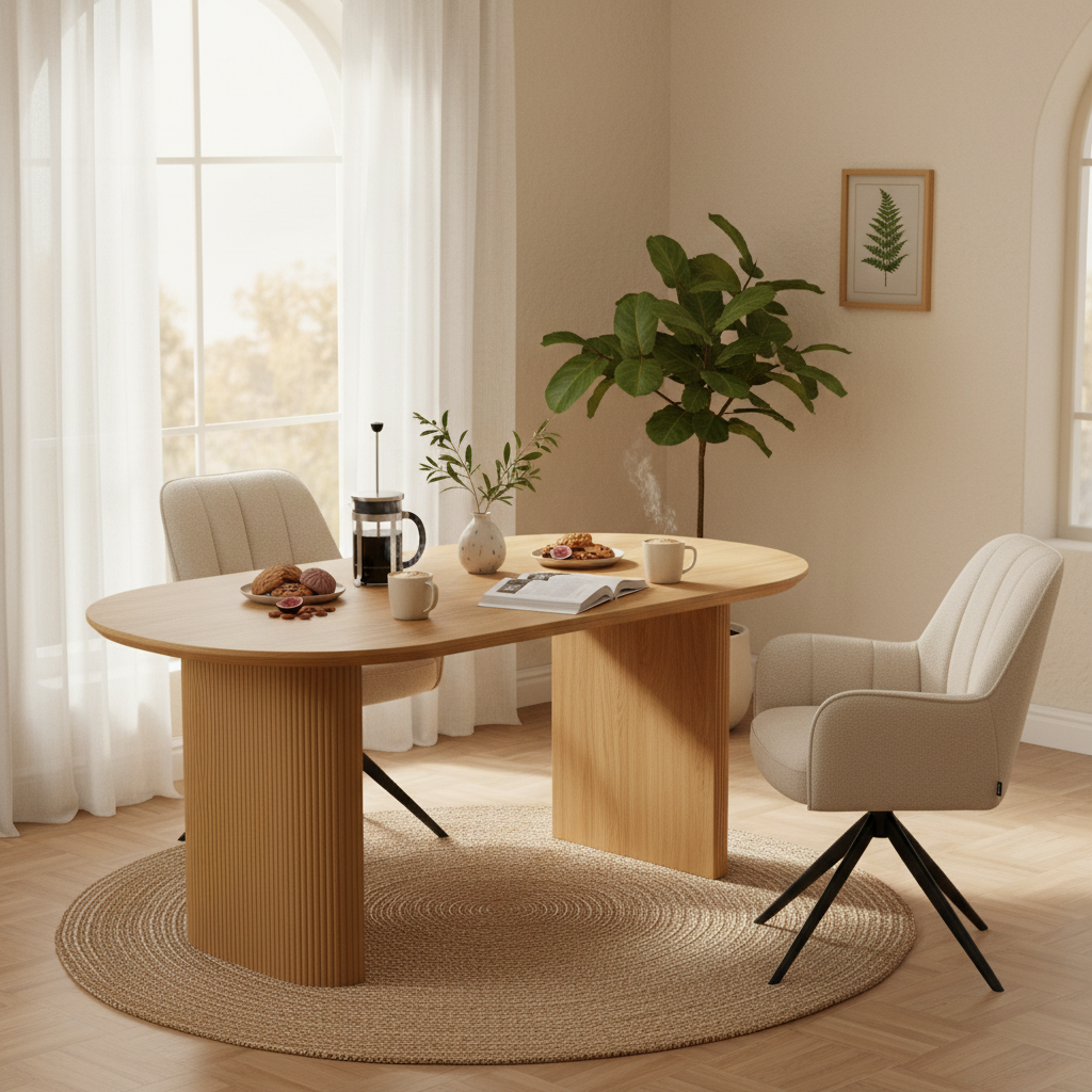 Mesa de Comedor Chipre Natural en escena íntima estilo Amsterdam, foto ambientada