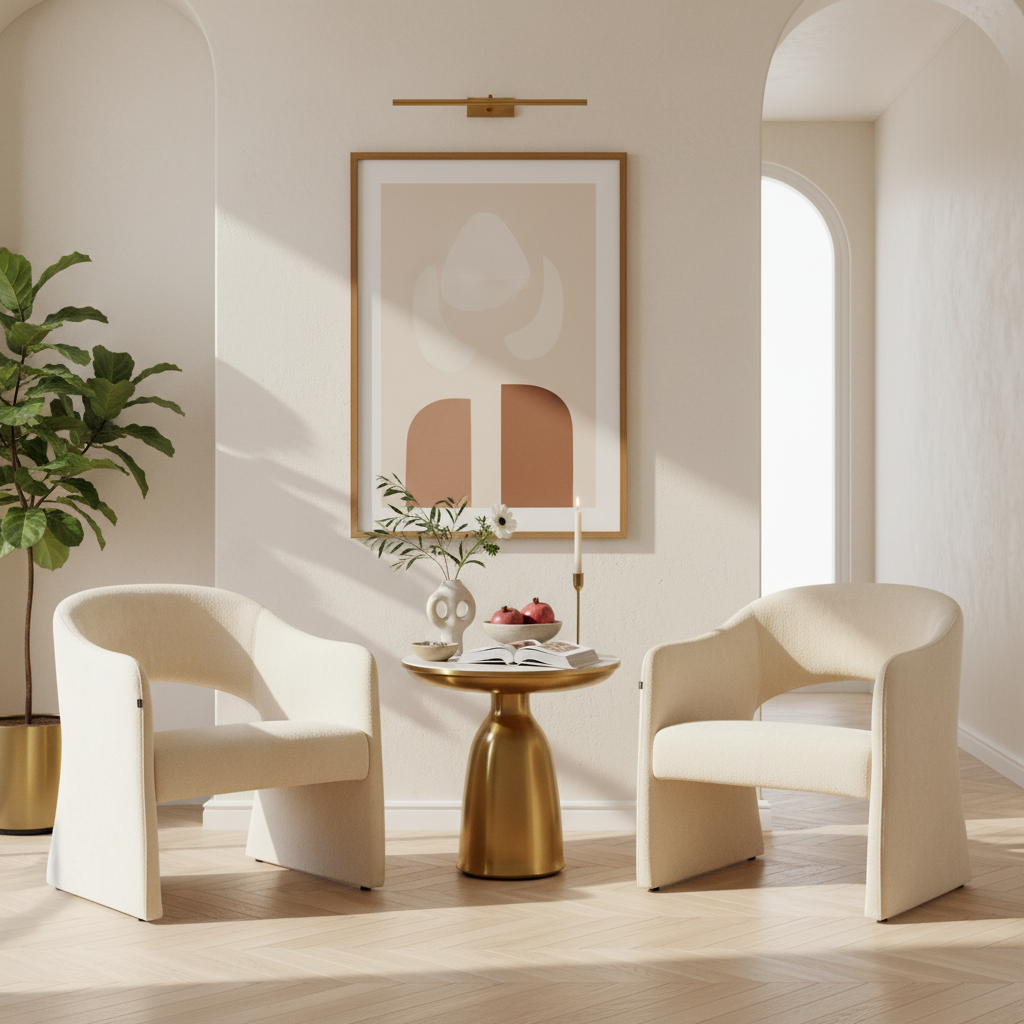 Sillón Qur en pareja en recibidor estilo Perugia, foto ambientada