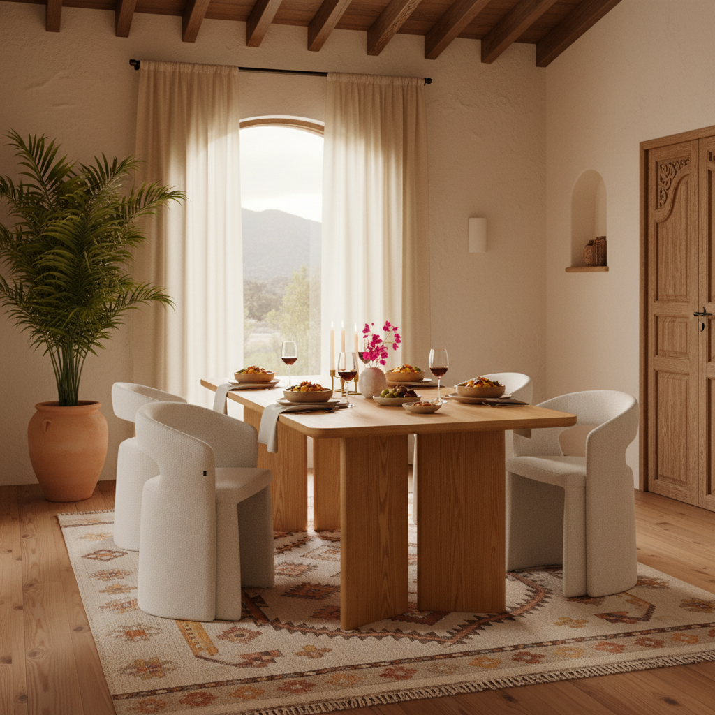 Mesa de Comedor Oslo en escena íntima con Silla Pavia estilo Tepoztlán, foto ambientada