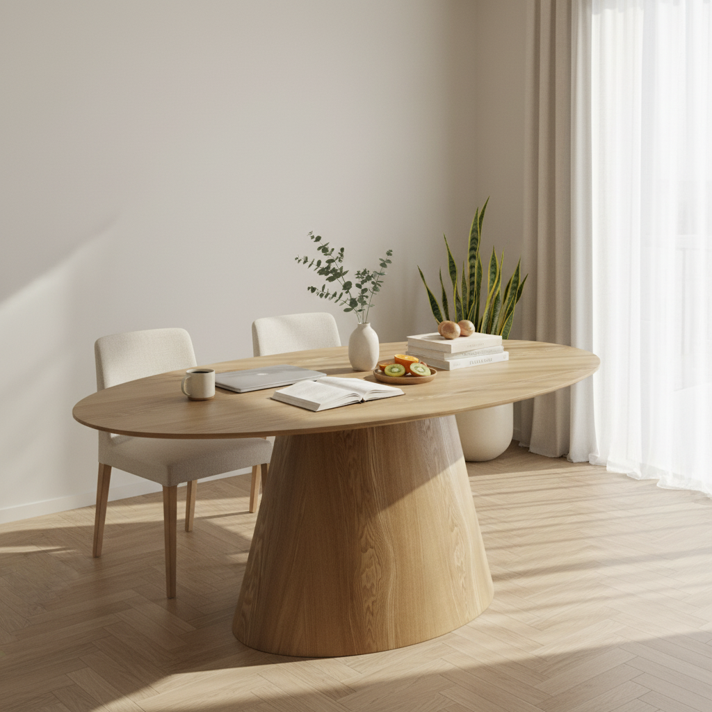 Mesa de Comedor Tokio Natural vista aérea en espacio de trabajo, foto ambientada