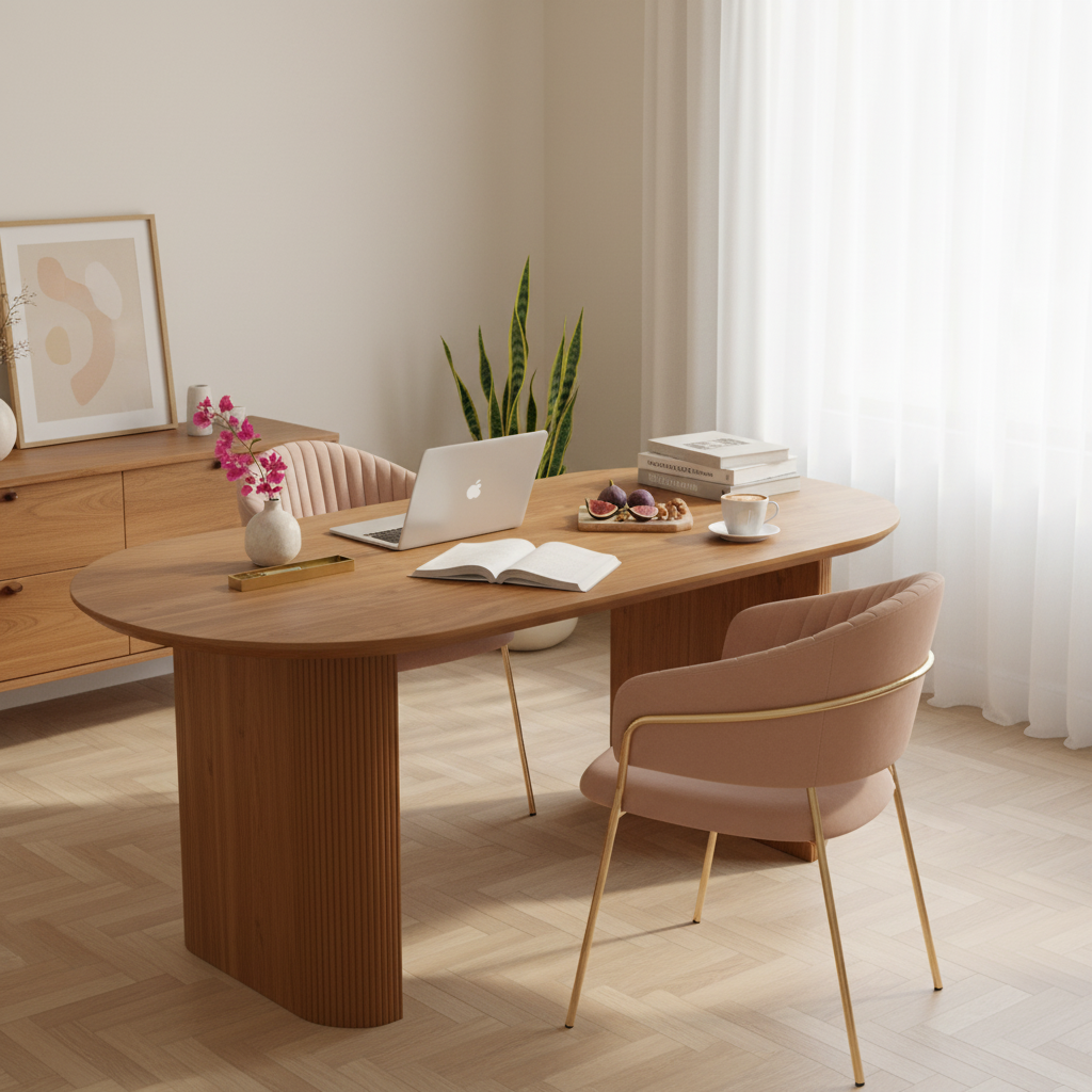 Mesa de Comedor Chipre Nogal en espacio de trabajo con Silla Bilbao, foto ambientada